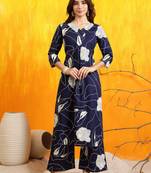 Navy-blue cotton floral print ethnic kurta palazzo set