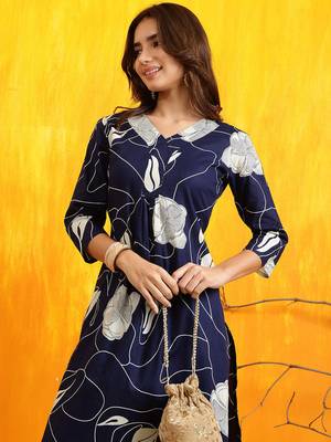 Navy-blue cotton floral print ethnic kurta palazzo set 2