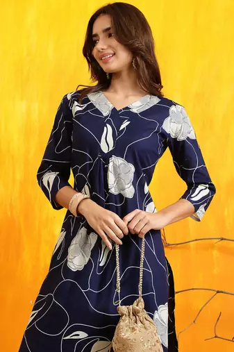 Navy-blue cotton floral print ethnic kurta palazzo set