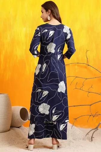 Navy-blue cotton floral print ethnic kurta palazzo set