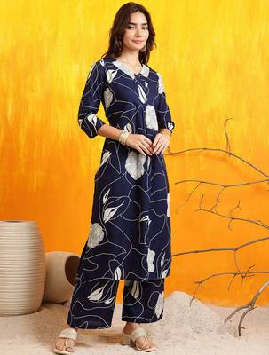 Navy-blue cotton floral print ethnic kurta palazzo set 4