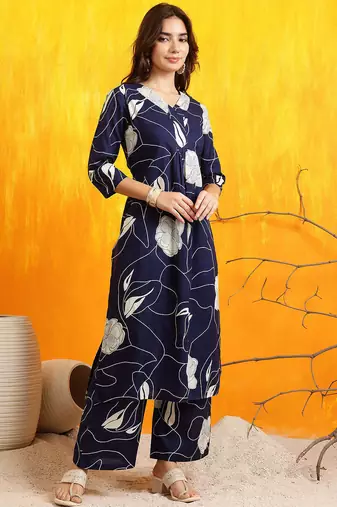 Navy-blue cotton floral print ethnic kurta palazzo set