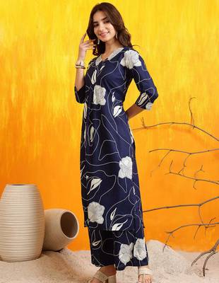 Navy-blue cotton floral print ethnic kurta palazzo set 5