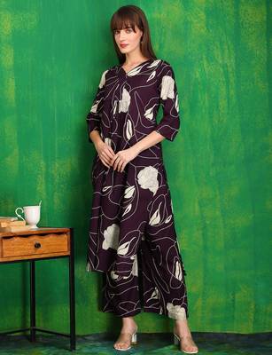Wine cotton floral print ethnic kurta palazzo set 1