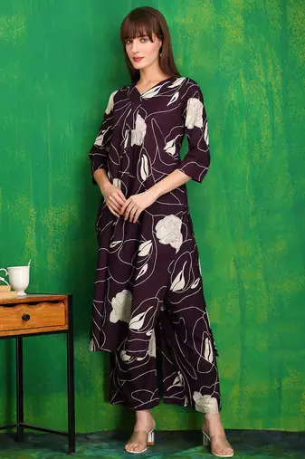 Wine cotton floral print ethnic kurta palazzo set
