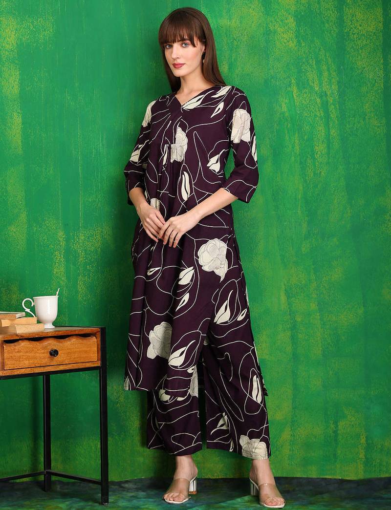Wine cotton floral print ethnic kurta palazzo set