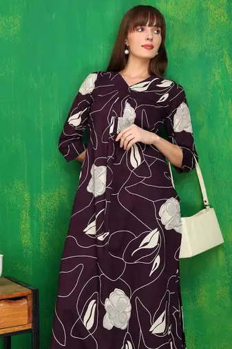 Wine cotton floral print ethnic kurta palazzo set