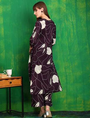 Wine cotton floral print ethnic kurta palazzo set 3