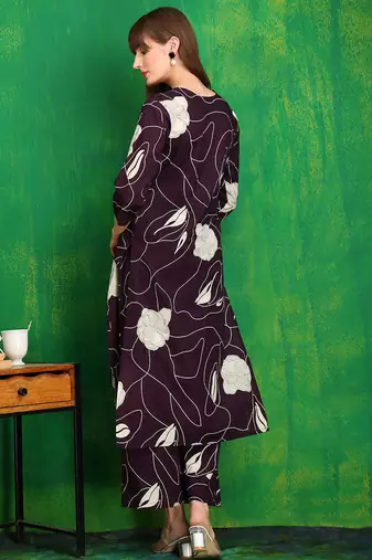 Wine cotton floral print ethnic kurta palazzo set