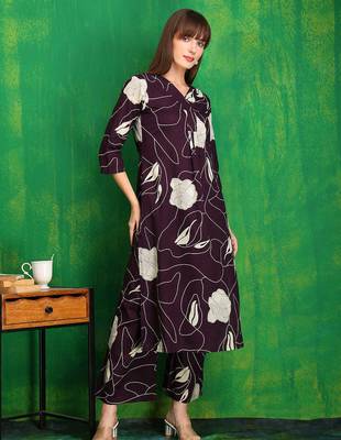 Wine cotton floral print ethnic kurta palazzo set 4