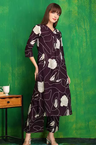 Wine cotton floral print ethnic kurta palazzo set