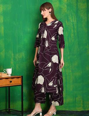 Wine cotton floral print ethnic kurta palazzo set 5
