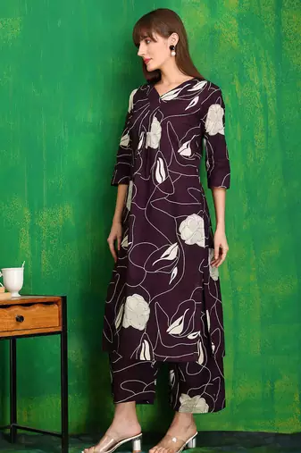 Wine cotton floral print ethnic kurta palazzo set
