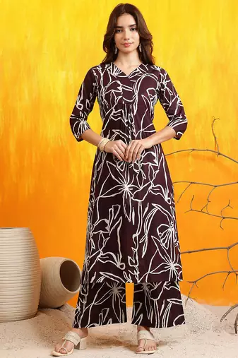 Brown cotton geometric print ethnic kurta palazzo set