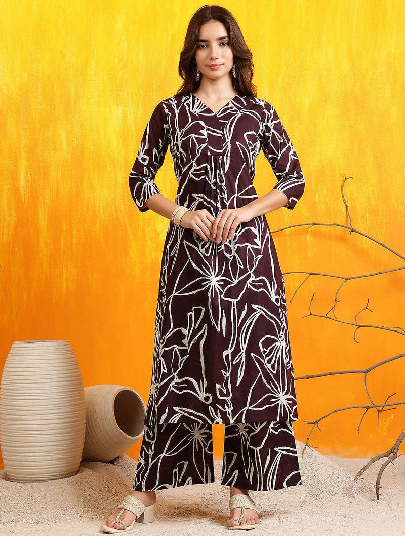 Brown cotton geometric print ethnic kurta palazzo set