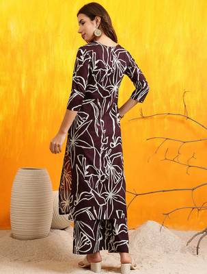 Brown cotton geometric print ethnic kurta palazzo set 3