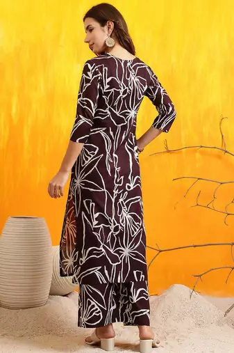 Brown cotton geometric print ethnic kurta palazzo set