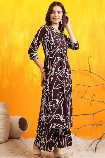 Brown cotton geometric print ethnic kurta palazzo set