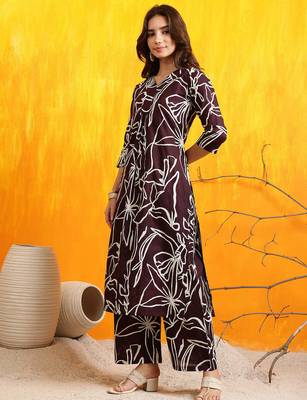 Brown cotton geometric print ethnic kurta palazzo set 5