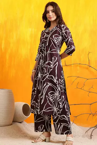 Brown cotton geometric print ethnic kurta palazzo set