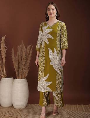Olive rayon floral print ethnic kurta palazzo set 1
