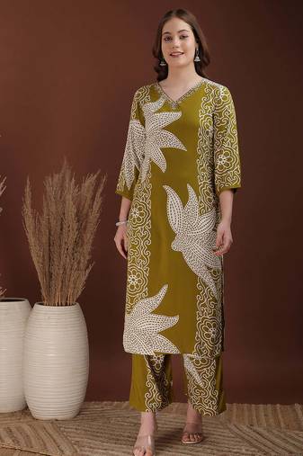 Olive rayon floral print ethnic kurta palazzo set