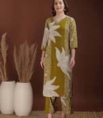 Olive rayon floral print ethnic kurta palazzo set