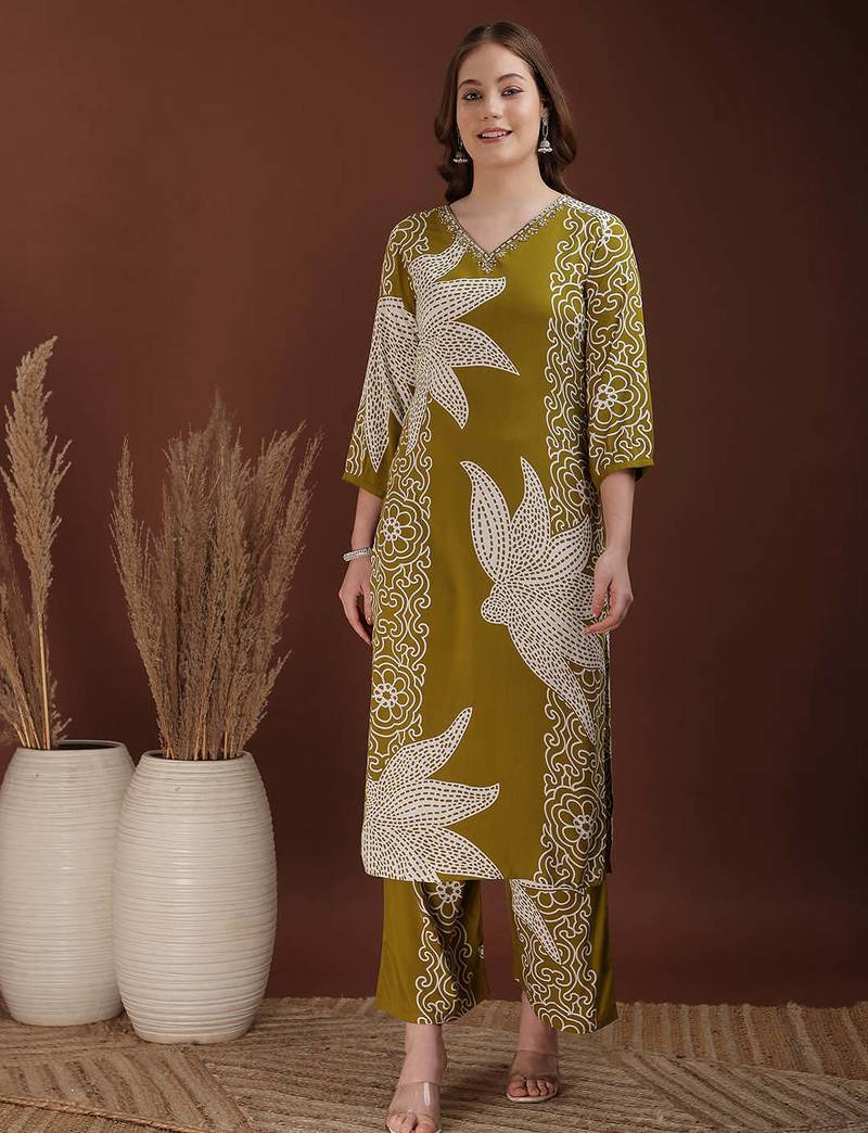 Olive rayon floral print ethnic kurta palazzo set