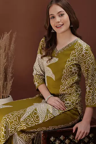 Olive rayon floral print ethnic kurta palazzo set