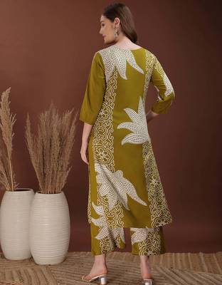 Olive rayon floral print ethnic kurta palazzo set 3