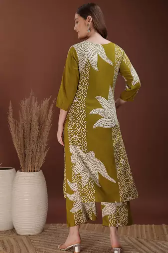 Olive rayon floral print ethnic kurta palazzo set