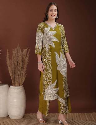Olive rayon floral print ethnic kurta palazzo set 4