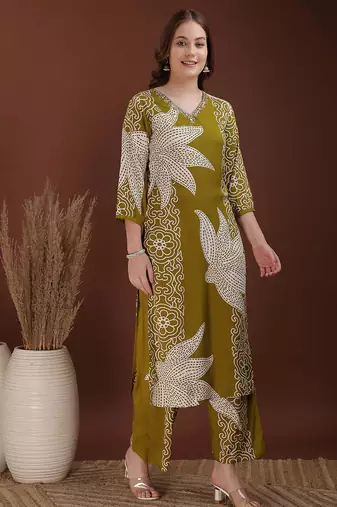 Olive rayon floral print ethnic kurta palazzo set