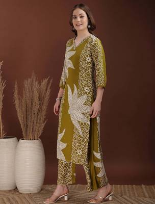 Olive rayon floral print ethnic kurta palazzo set 5