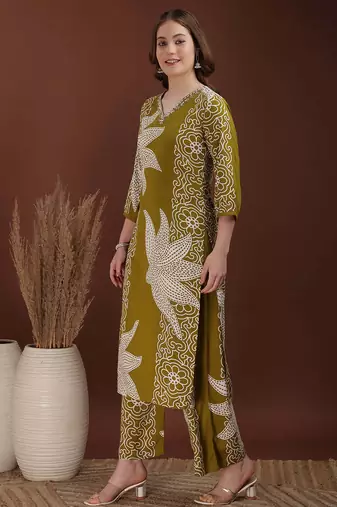 Olive rayon floral print ethnic kurta palazzo set