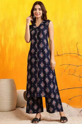 Navy-blue silk blend block print ethnic kurta palazzo set