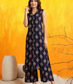 Navy-blue silk blend block print ethnic kurta palazzo set