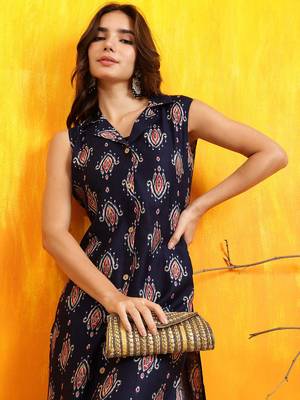 Navy-blue silk blend block print ethnic kurta palazzo set 2