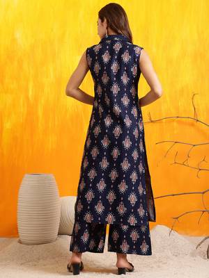 Navy-blue silk blend block print ethnic kurta palazzo set 3