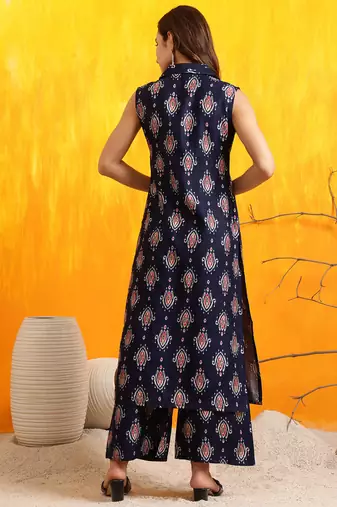 Navy-blue silk blend block print ethnic kurta palazzo set