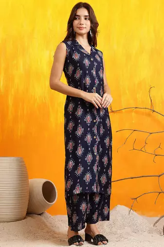 Navy-blue silk blend block print ethnic kurta palazzo set