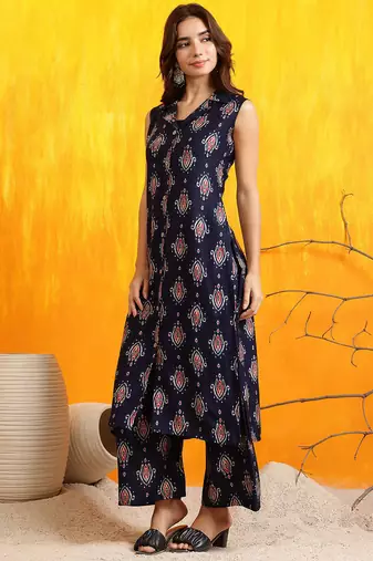 Navy-blue silk blend block print ethnic kurta palazzo set
