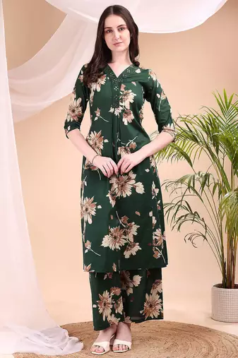 Green cotton floral print ethnic kurta palazzo set