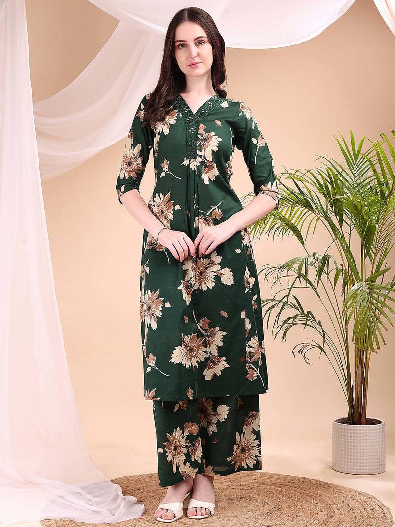 Green cotton floral print ethnic kurta palazzo set