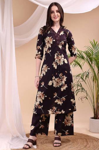 Wine cotton floral print ethnic kurta palazzo set