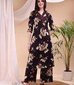 Wine cotton floral print ethnic kurta palazzo set