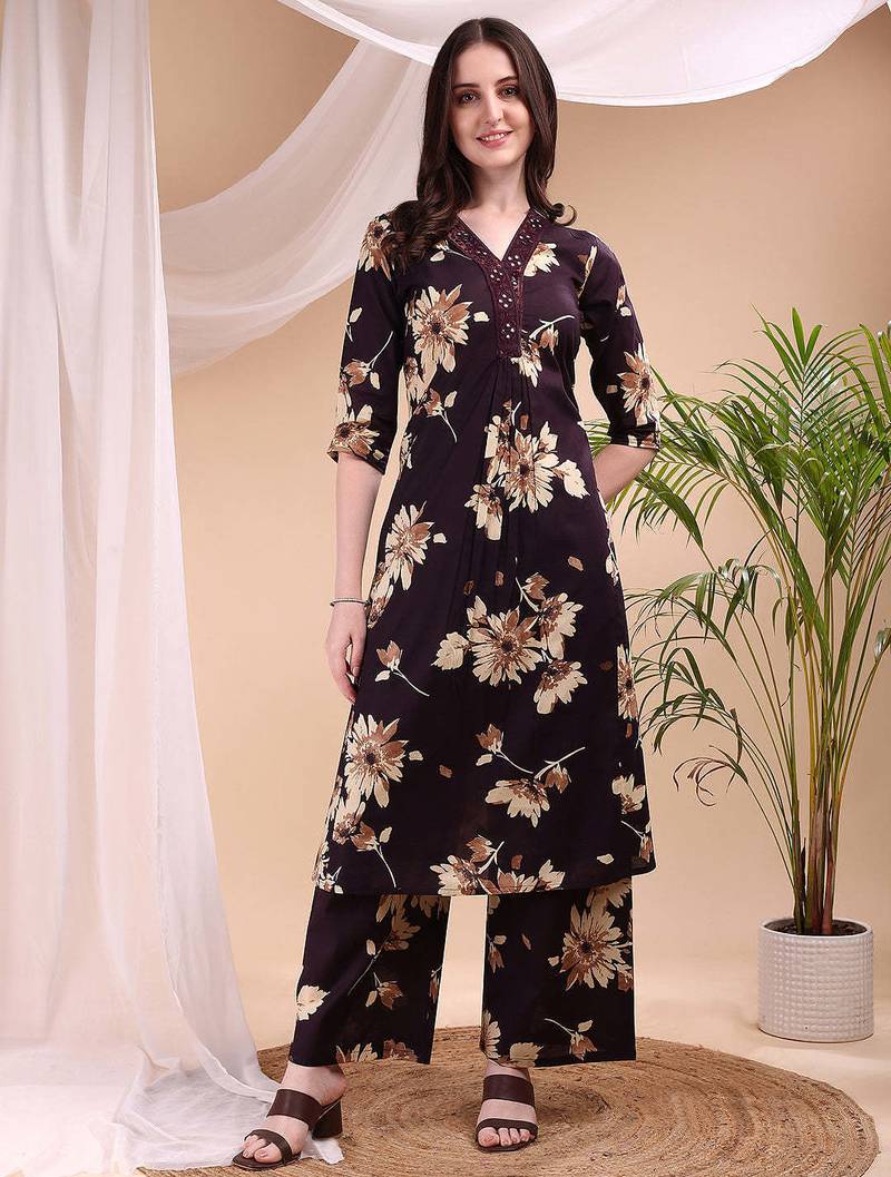 Wine cotton floral print ethnic kurta palazzo set