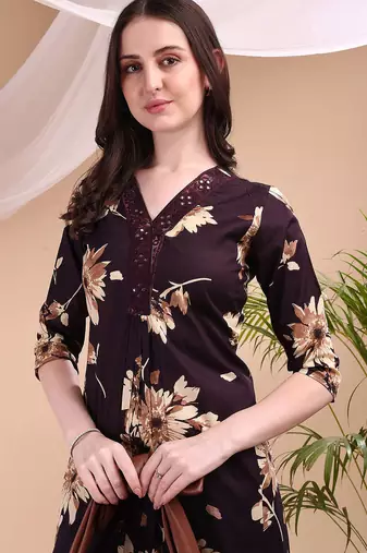 Wine cotton floral print ethnic kurta palazzo set