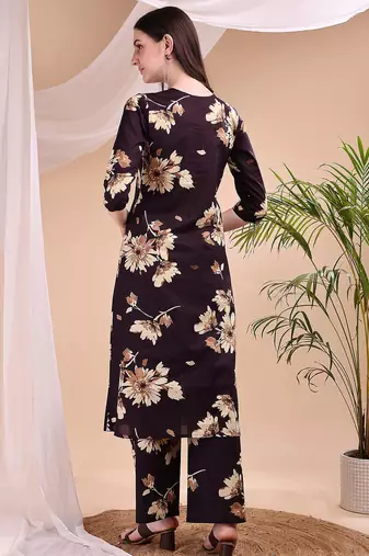 Wine cotton floral print ethnic kurta palazzo set
