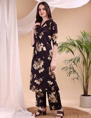 Wine cotton floral print ethnic kurta palazzo set 4
